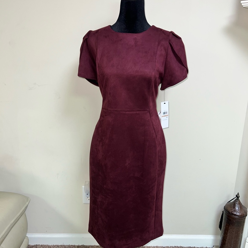 Calvin Klein Burgundy Faux Suede Puff-Sleeve Sheath Dress | NWT | Size 12